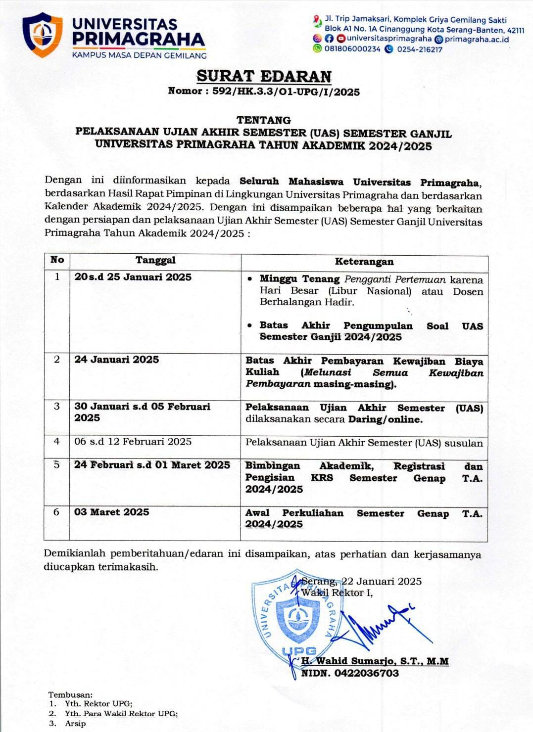 Surat Edaran Tentang Pelaksanaan Ujian Akhir Semester (UAS) Ganjil Universitas Primagraha TA 2024/2025